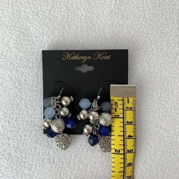 Katheryn Kent Blue Silver Bead Dangle Hook Earrings New - Picture 3 of 3